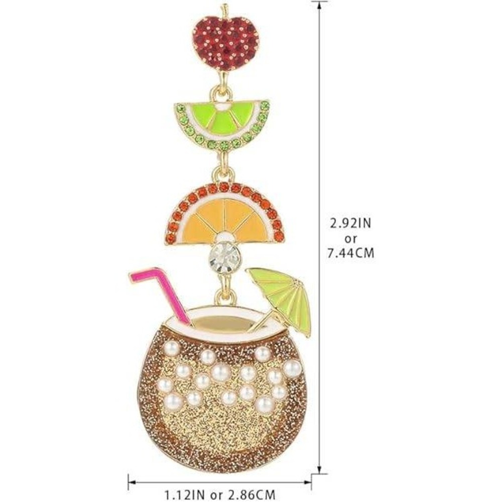 Whimsical Fruit Cocktail Coconut Drink Dangle Earrings Fun Summer Beach Vacation - Picture 4 of 6